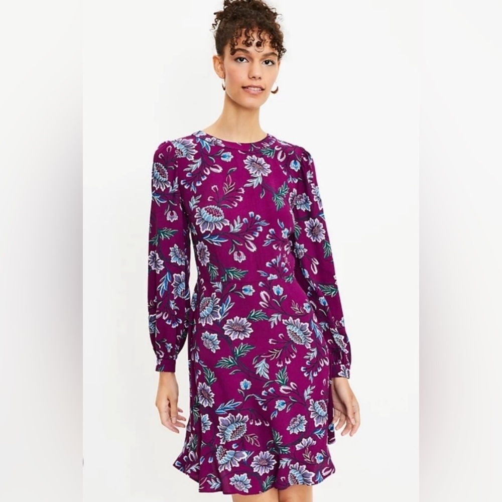 LOFT Maroon Floral Long Sleeve Ruffle Dress Romantic Flirtyโ Garden Party